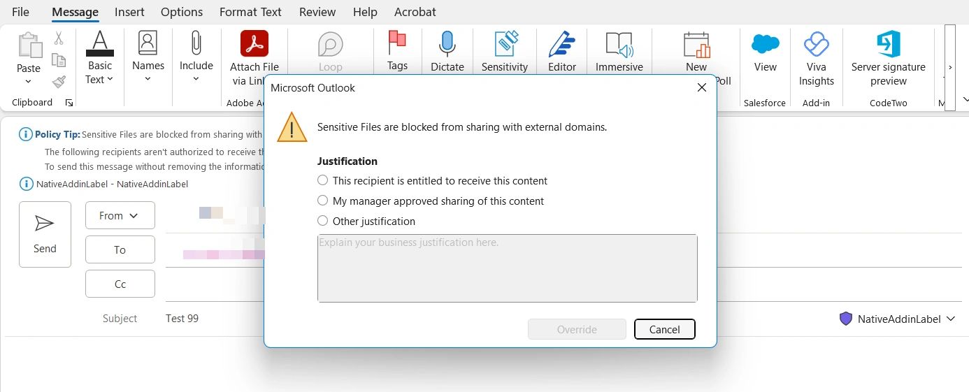 Oversharing pop up in outlook purview